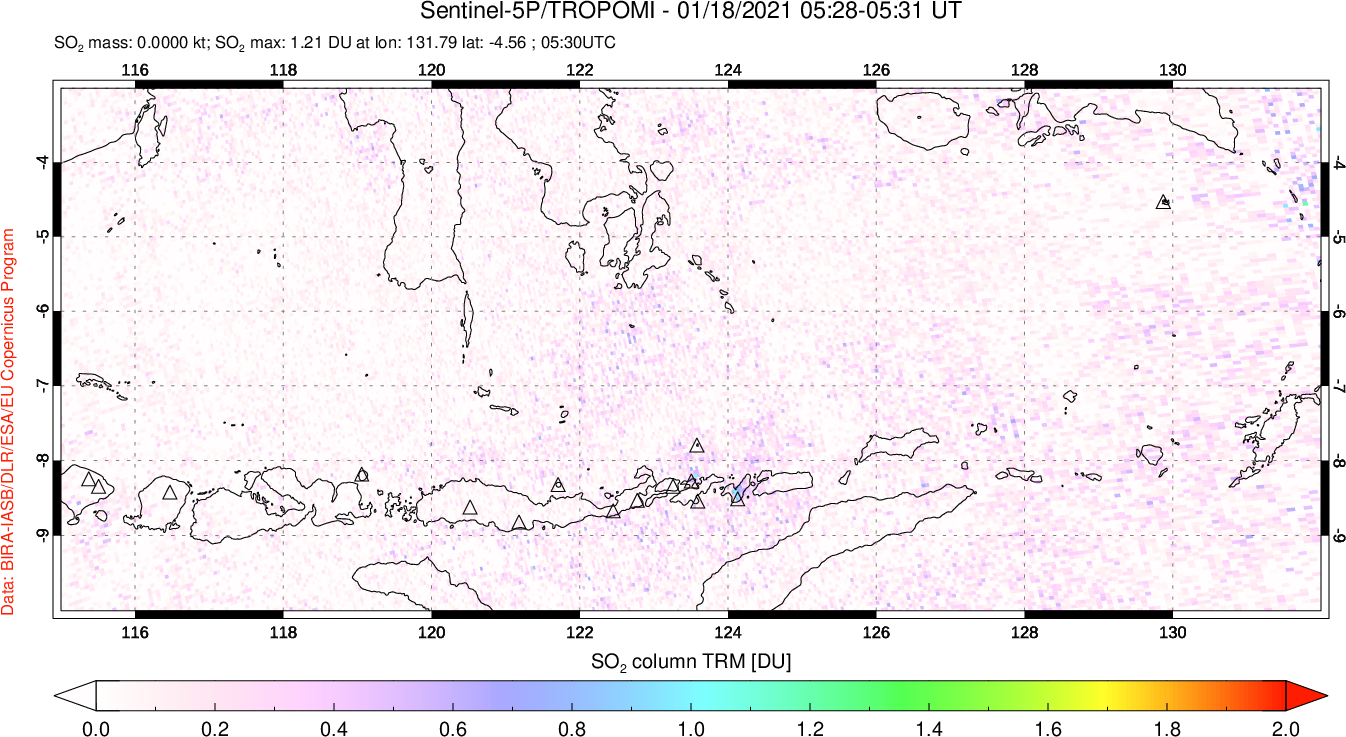 A sulfur dioxide image over Lesser Sunda Islands, Indonesia on Jan 18, 2021.