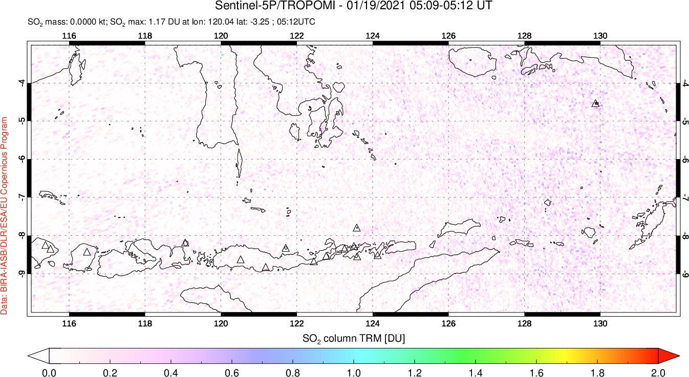 A sulfur dioxide image over Lesser Sunda Islands, Indonesia on Jan 19, 2021.