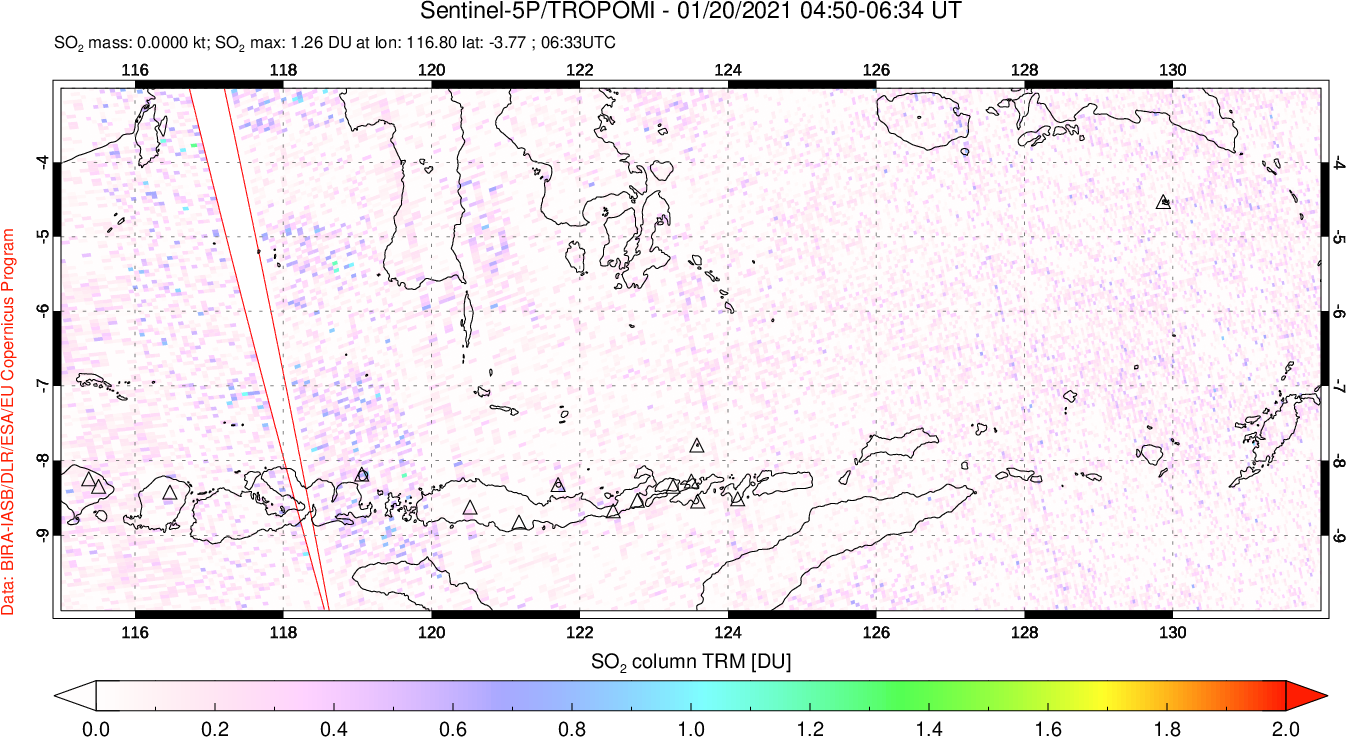 A sulfur dioxide image over Lesser Sunda Islands, Indonesia on Jan 20, 2021.