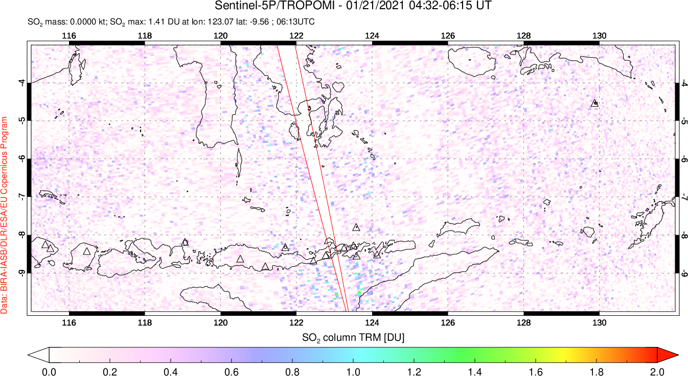 A sulfur dioxide image over Lesser Sunda Islands, Indonesia on Jan 21, 2021.
