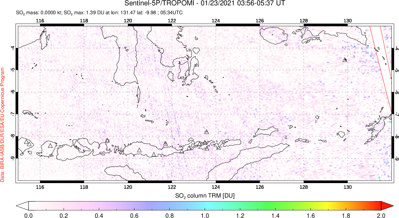 A sulfur dioxide image over Lesser Sunda Islands, Indonesia on Jan 23, 2021.