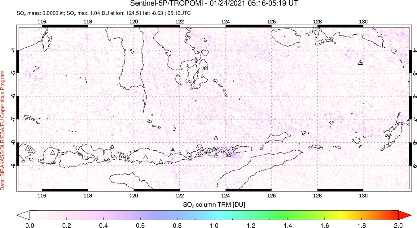 A sulfur dioxide image over Lesser Sunda Islands, Indonesia on Jan 24, 2021.