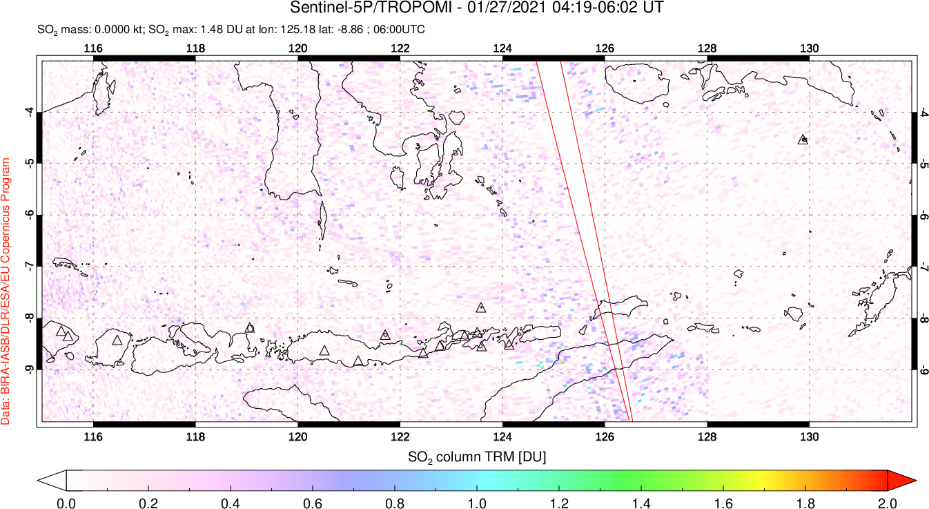 A sulfur dioxide image over Lesser Sunda Islands, Indonesia on Jan 27, 2021.