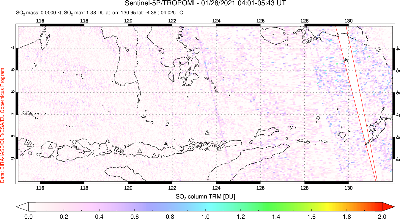 A sulfur dioxide image over Lesser Sunda Islands, Indonesia on Jan 28, 2021.