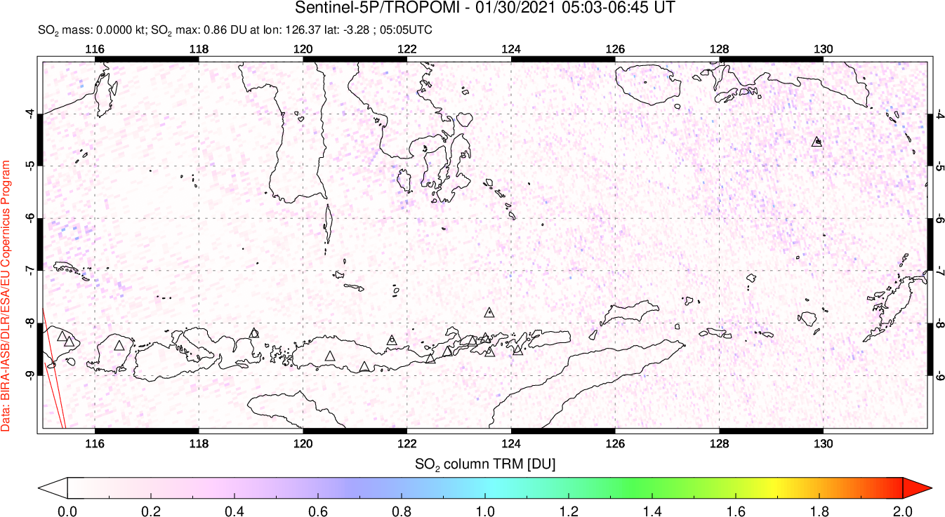 A sulfur dioxide image over Lesser Sunda Islands, Indonesia on Jan 30, 2021.