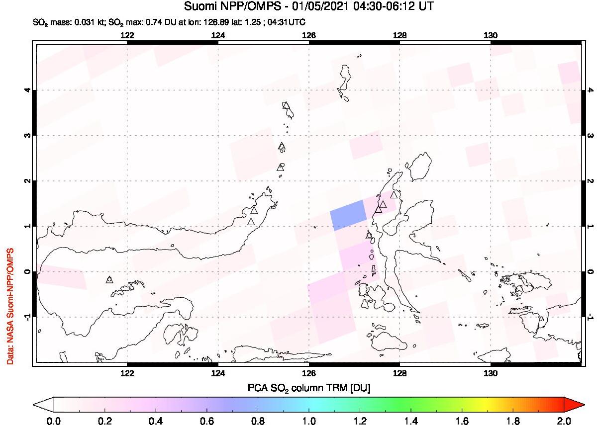 A sulfur dioxide image over Northern Sulawesi & Halmahera, Indonesia on Jan 05, 2021.