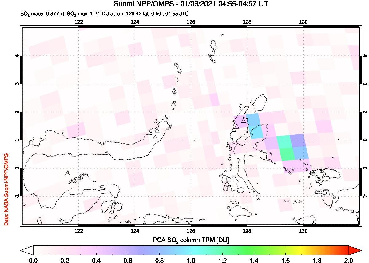 A sulfur dioxide image over Northern Sulawesi & Halmahera, Indonesia on Jan 09, 2021.