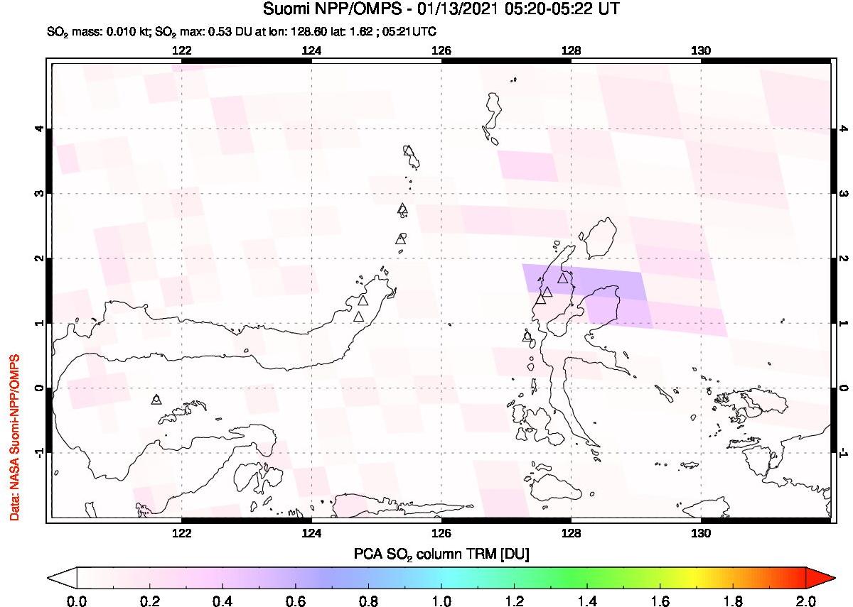 A sulfur dioxide image over Northern Sulawesi & Halmahera, Indonesia on Jan 13, 2021.