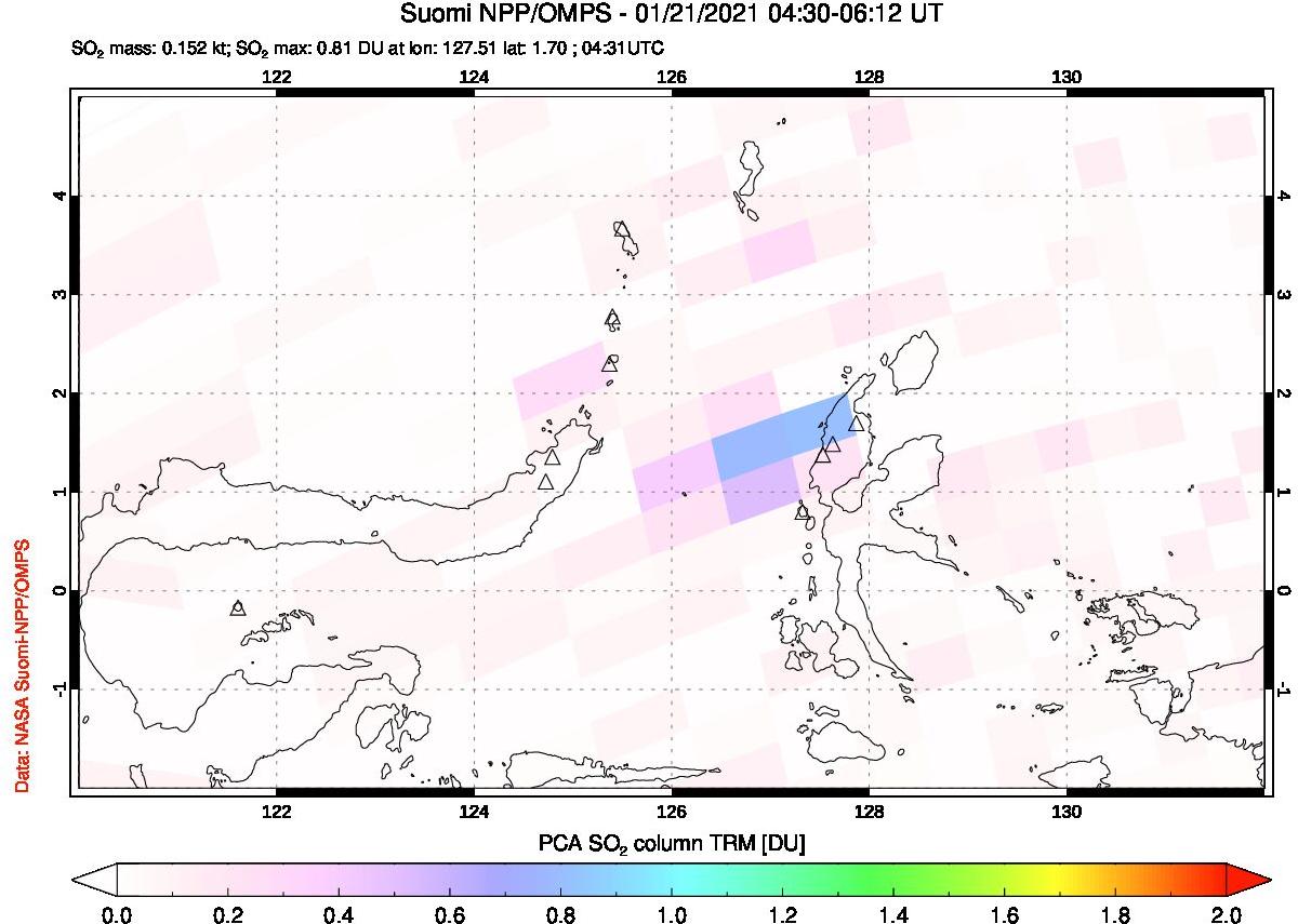 A sulfur dioxide image over Northern Sulawesi & Halmahera, Indonesia on Jan 21, 2021.
