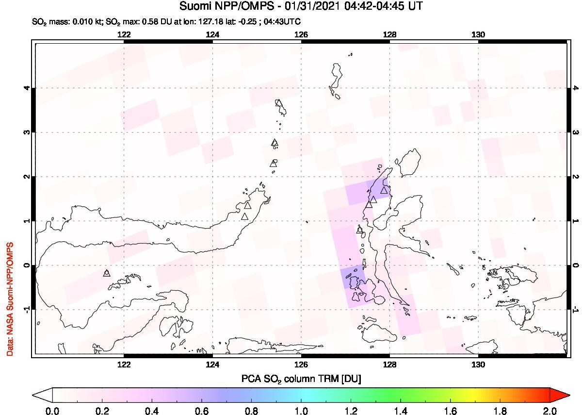 A sulfur dioxide image over Northern Sulawesi & Halmahera, Indonesia on Jan 31, 2021.