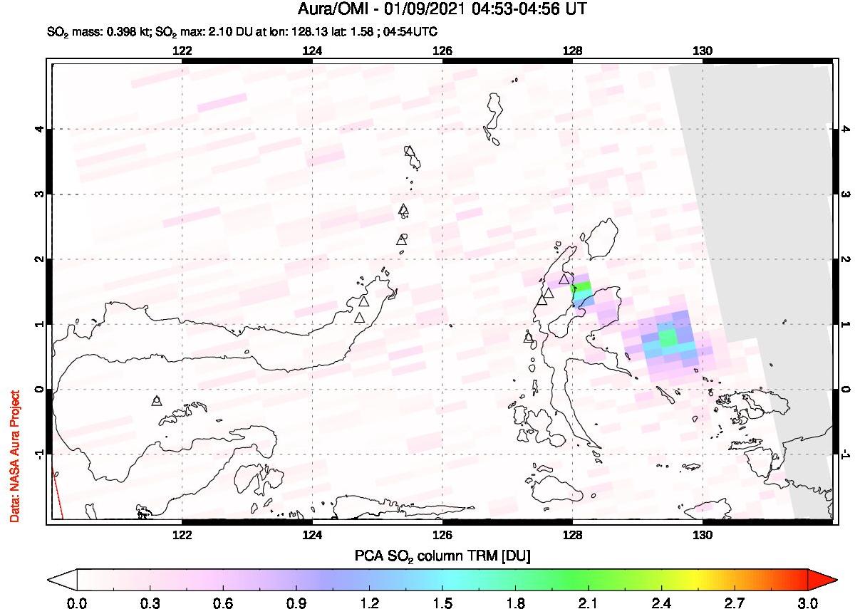 A sulfur dioxide image over Northern Sulawesi & Halmahera, Indonesia on Jan 09, 2021.