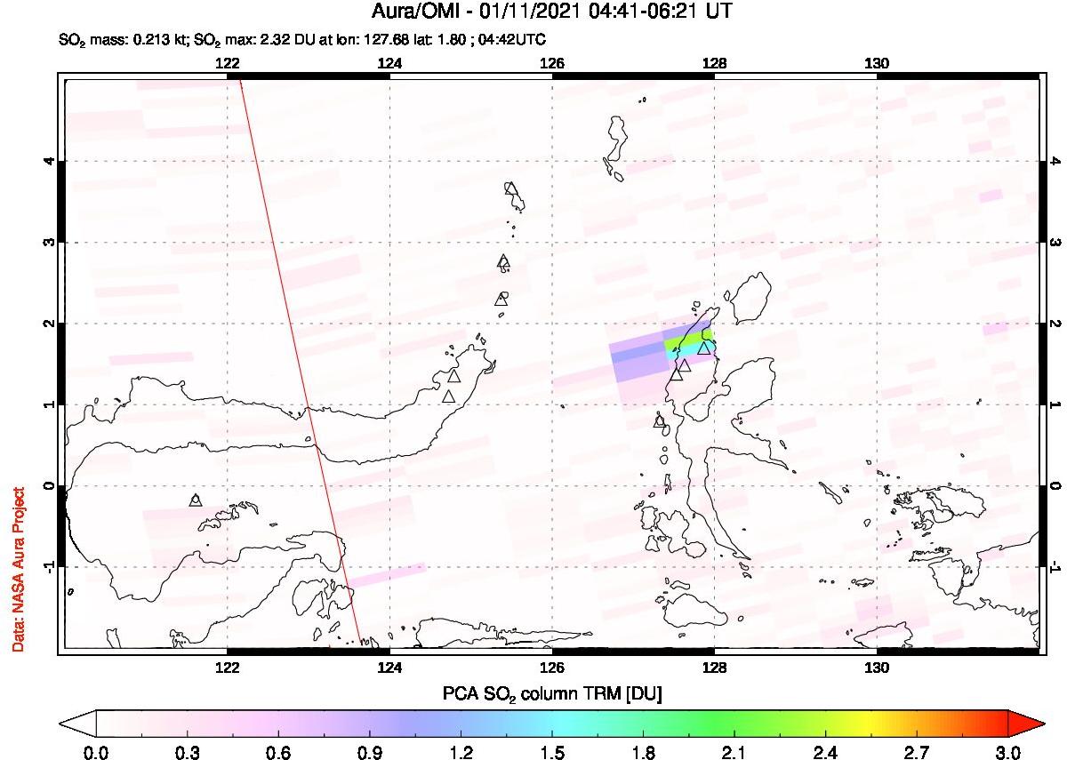 A sulfur dioxide image over Northern Sulawesi & Halmahera, Indonesia on Jan 11, 2021.