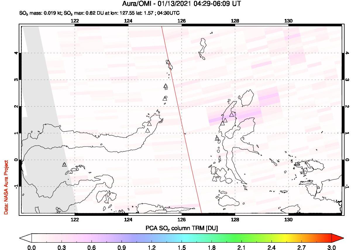 A sulfur dioxide image over Northern Sulawesi & Halmahera, Indonesia on Jan 13, 2021.