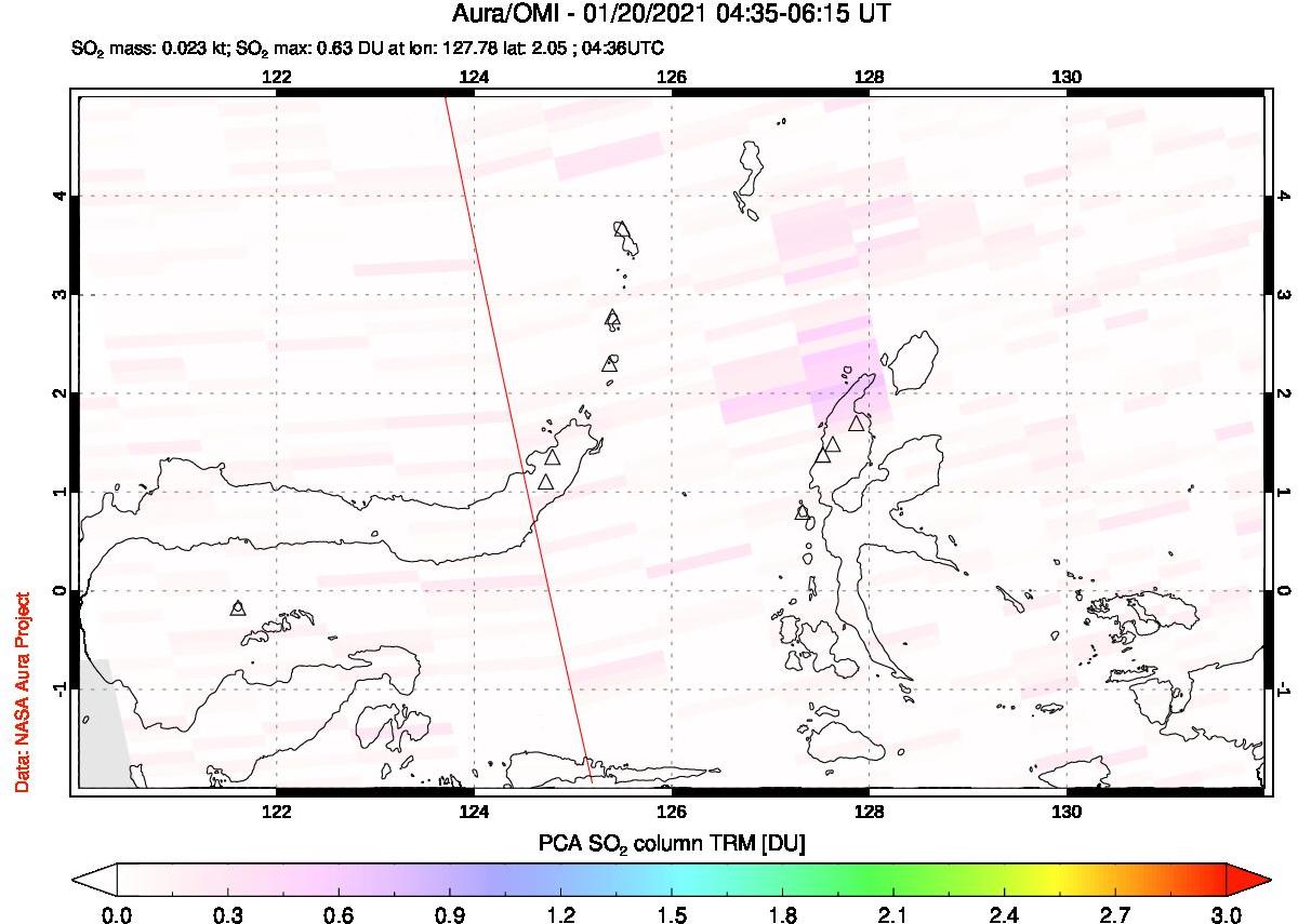 A sulfur dioxide image over Northern Sulawesi & Halmahera, Indonesia on Jan 20, 2021.