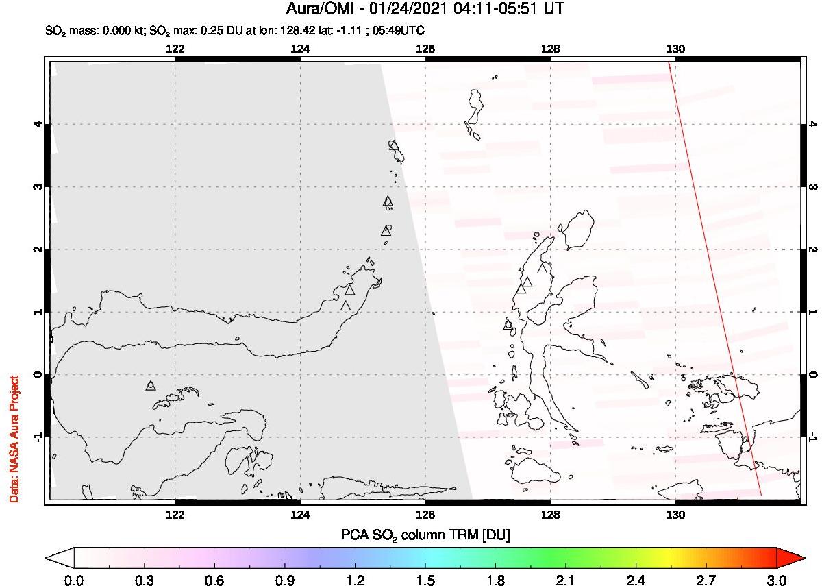 A sulfur dioxide image over Northern Sulawesi & Halmahera, Indonesia on Jan 24, 2021.