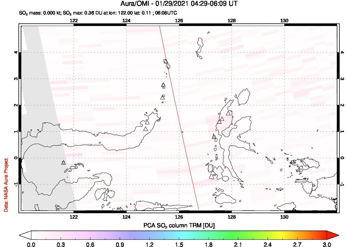 A sulfur dioxide image over Northern Sulawesi & Halmahera, Indonesia on Jan 29, 2021.