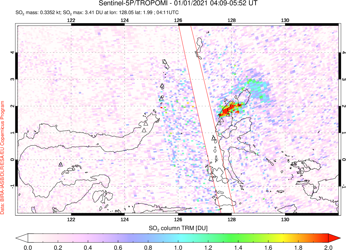 A sulfur dioxide image over Northern Sulawesi & Halmahera, Indonesia on Jan 01, 2021.