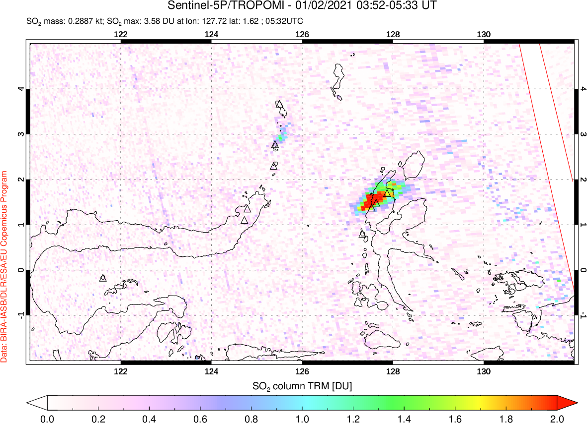 A sulfur dioxide image over Northern Sulawesi & Halmahera, Indonesia on Jan 02, 2021.