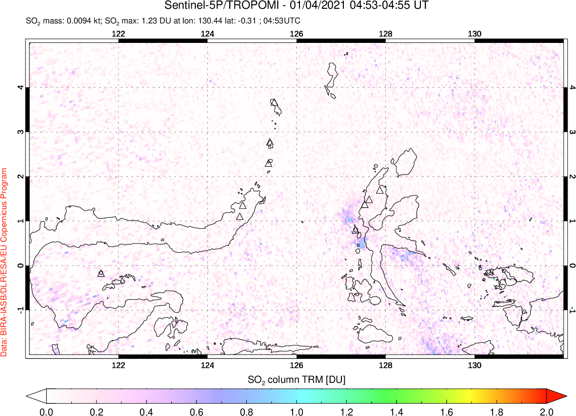 A sulfur dioxide image over Northern Sulawesi & Halmahera, Indonesia on Jan 04, 2021.
