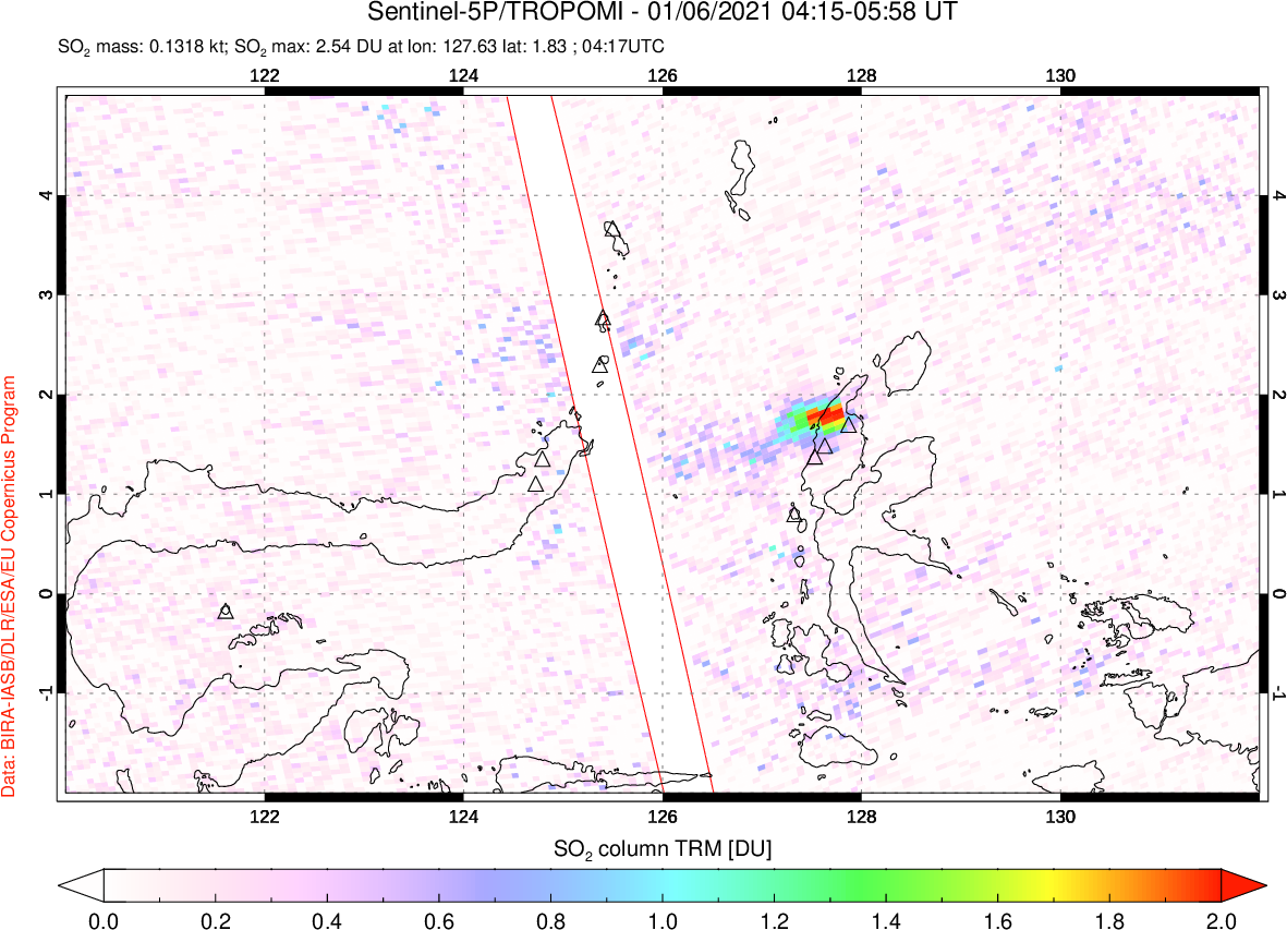 A sulfur dioxide image over Northern Sulawesi & Halmahera, Indonesia on Jan 06, 2021.