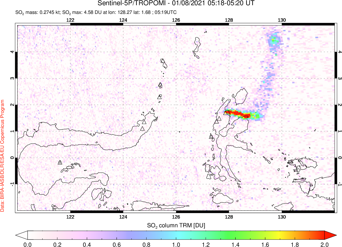 A sulfur dioxide image over Northern Sulawesi & Halmahera, Indonesia on Jan 08, 2021.