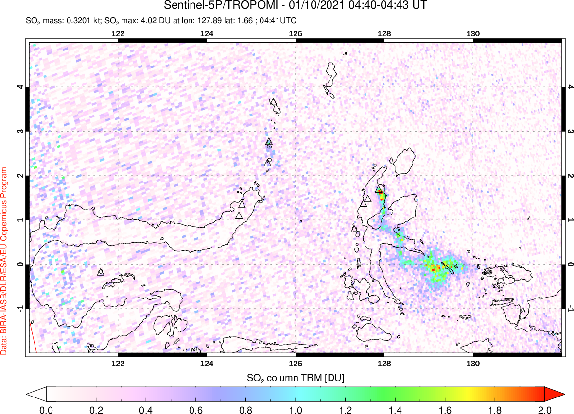 A sulfur dioxide image over Northern Sulawesi & Halmahera, Indonesia on Jan 10, 2021.