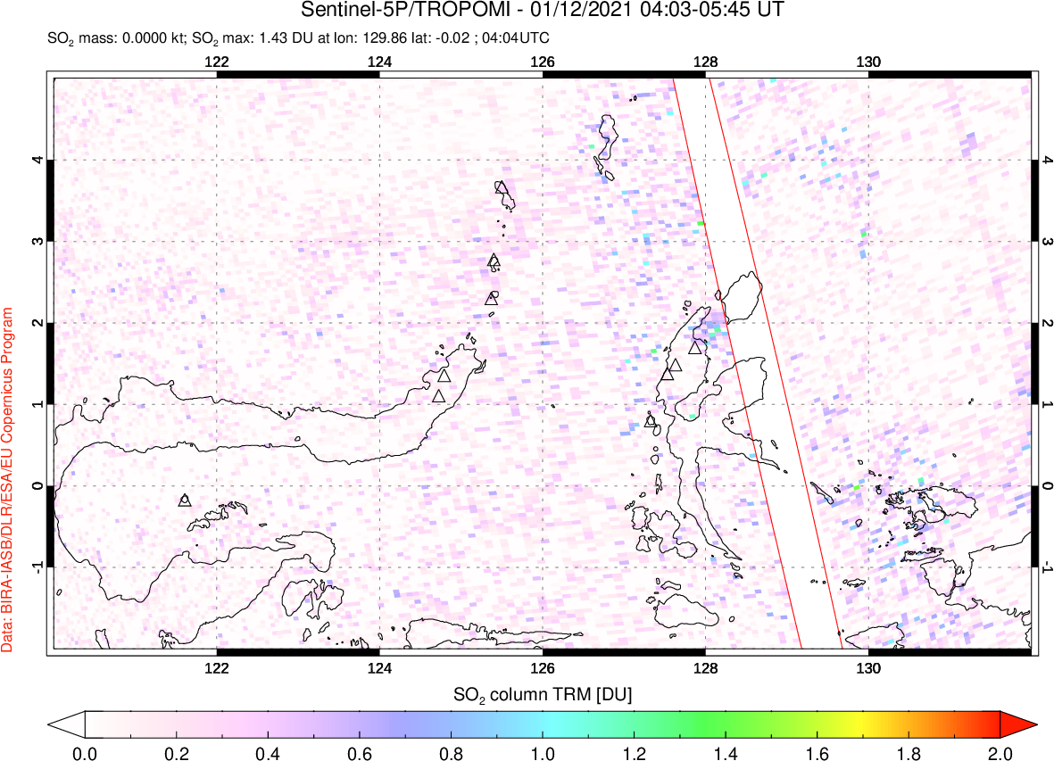A sulfur dioxide image over Northern Sulawesi & Halmahera, Indonesia on Jan 12, 2021.