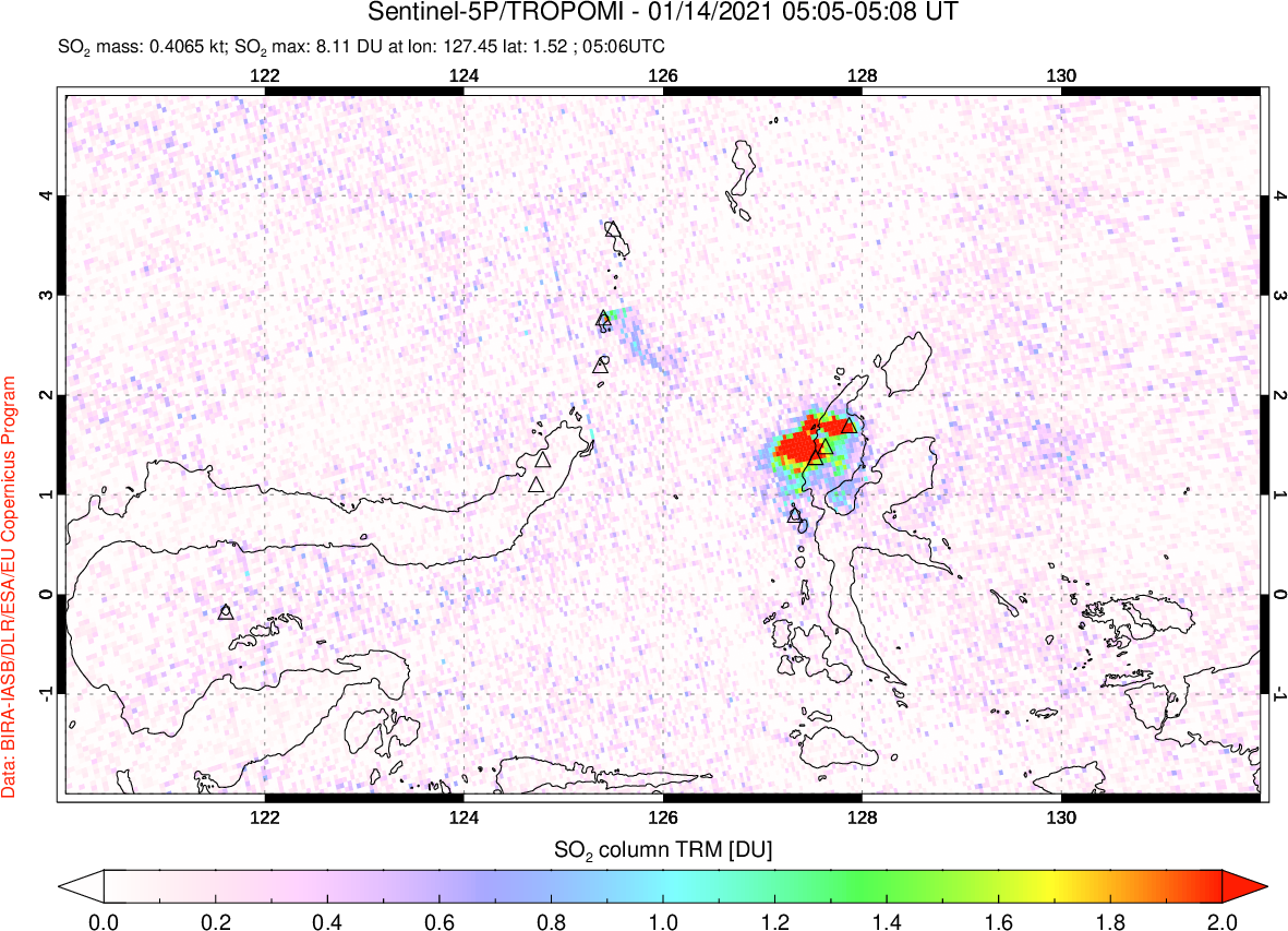 A sulfur dioxide image over Northern Sulawesi & Halmahera, Indonesia on Jan 14, 2021.