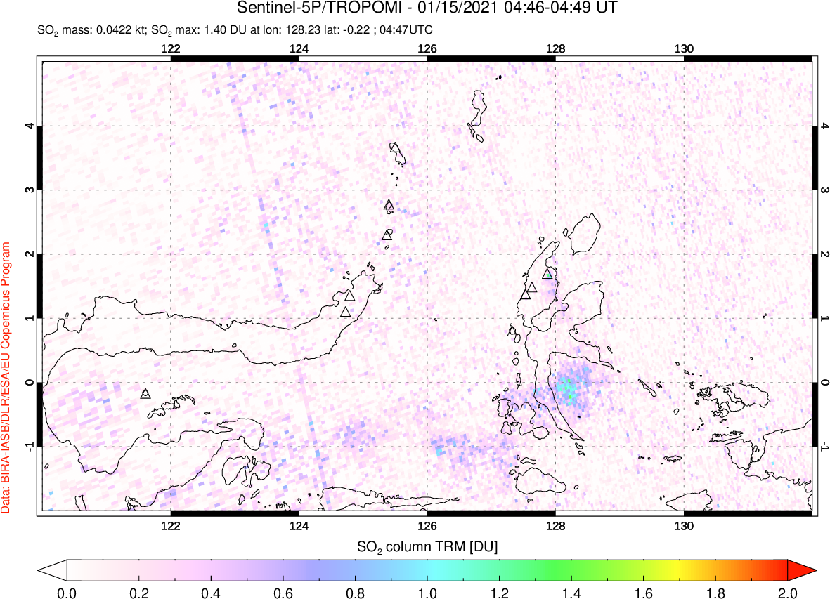 A sulfur dioxide image over Northern Sulawesi & Halmahera, Indonesia on Jan 15, 2021.