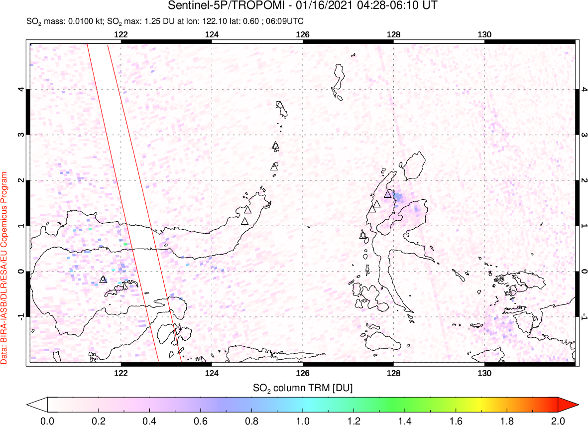 A sulfur dioxide image over Northern Sulawesi & Halmahera, Indonesia on Jan 16, 2021.