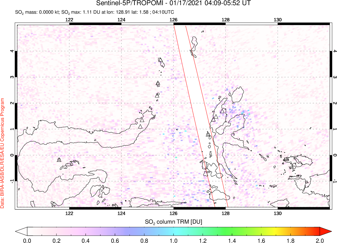 A sulfur dioxide image over Northern Sulawesi & Halmahera, Indonesia on Jan 17, 2021.