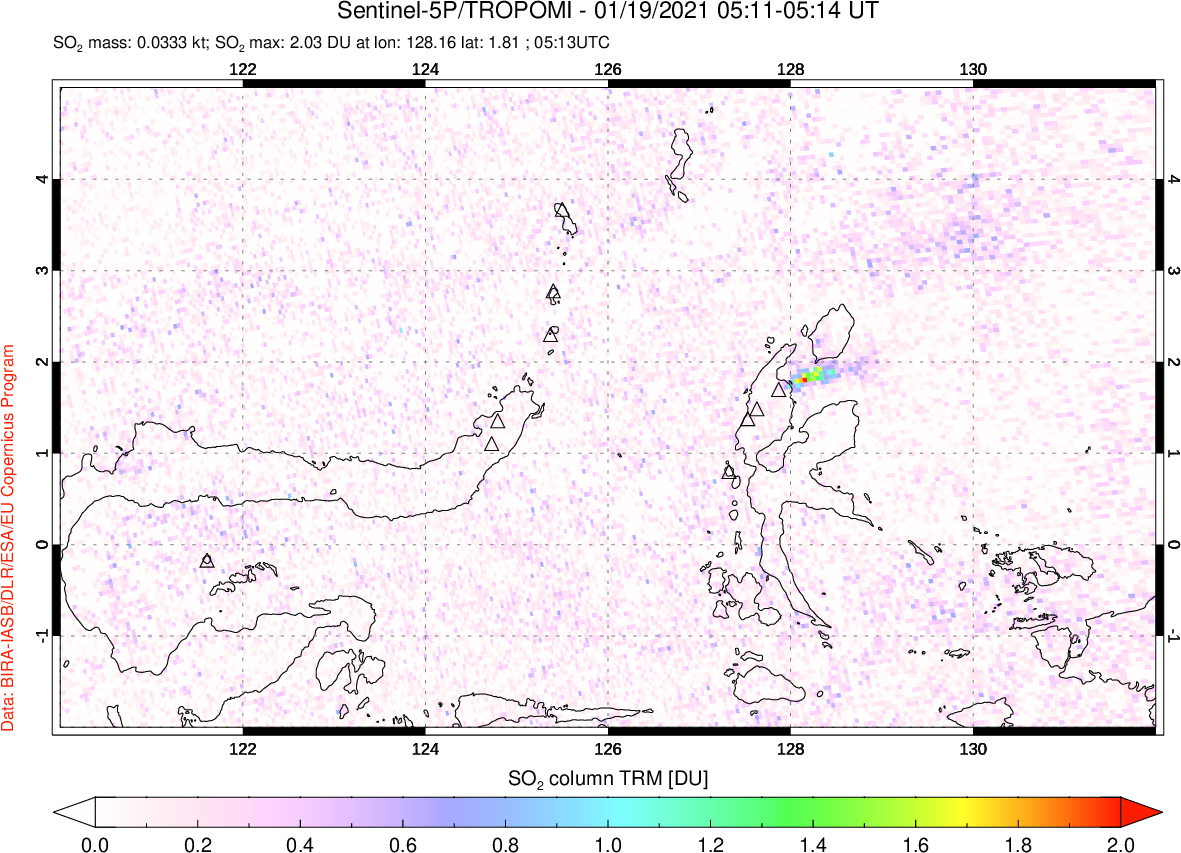A sulfur dioxide image over Northern Sulawesi & Halmahera, Indonesia on Jan 19, 2021.