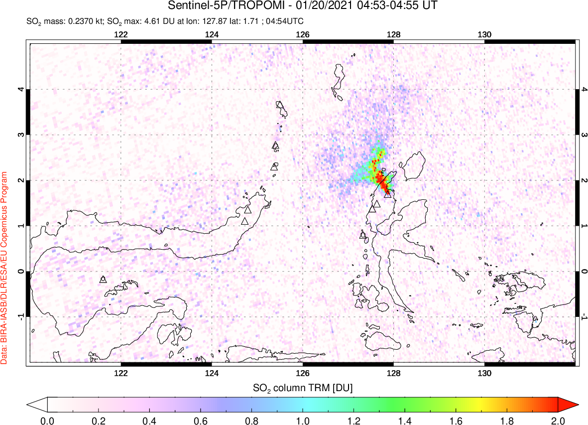 A sulfur dioxide image over Northern Sulawesi & Halmahera, Indonesia on Jan 20, 2021.