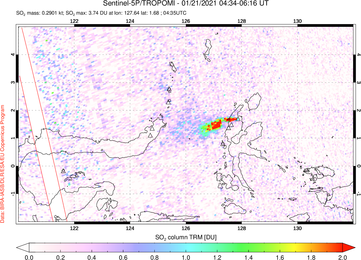 A sulfur dioxide image over Northern Sulawesi & Halmahera, Indonesia on Jan 21, 2021.