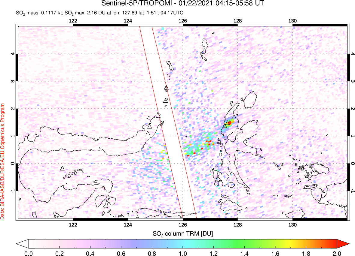 A sulfur dioxide image over Northern Sulawesi & Halmahera, Indonesia on Jan 22, 2021.