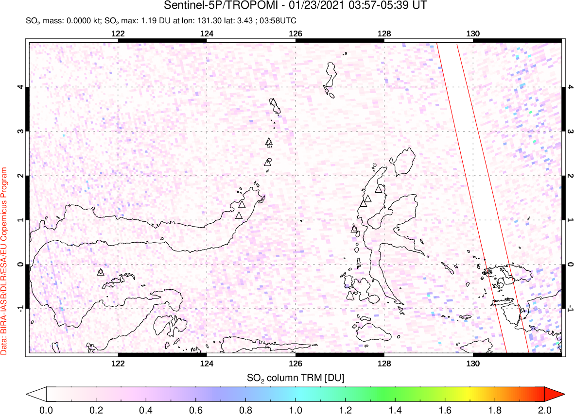 A sulfur dioxide image over Northern Sulawesi & Halmahera, Indonesia on Jan 23, 2021.