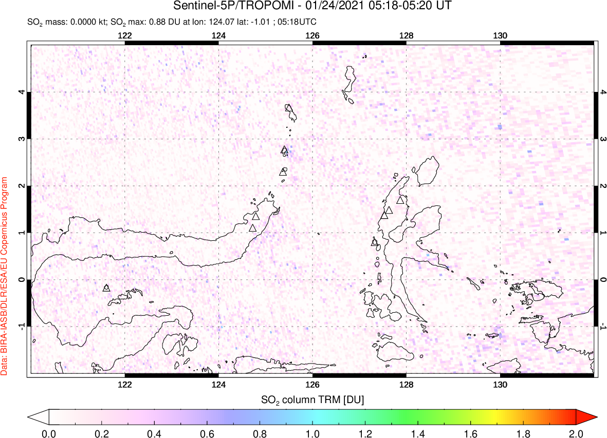 A sulfur dioxide image over Northern Sulawesi & Halmahera, Indonesia on Jan 24, 2021.