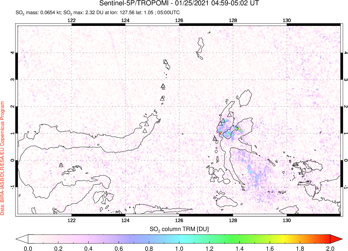 A sulfur dioxide image over Northern Sulawesi & Halmahera, Indonesia on Jan 25, 2021.