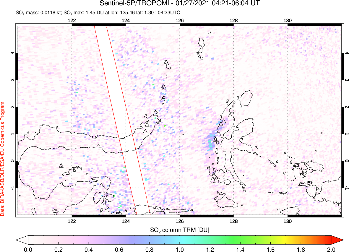 A sulfur dioxide image over Northern Sulawesi & Halmahera, Indonesia on Jan 27, 2021.