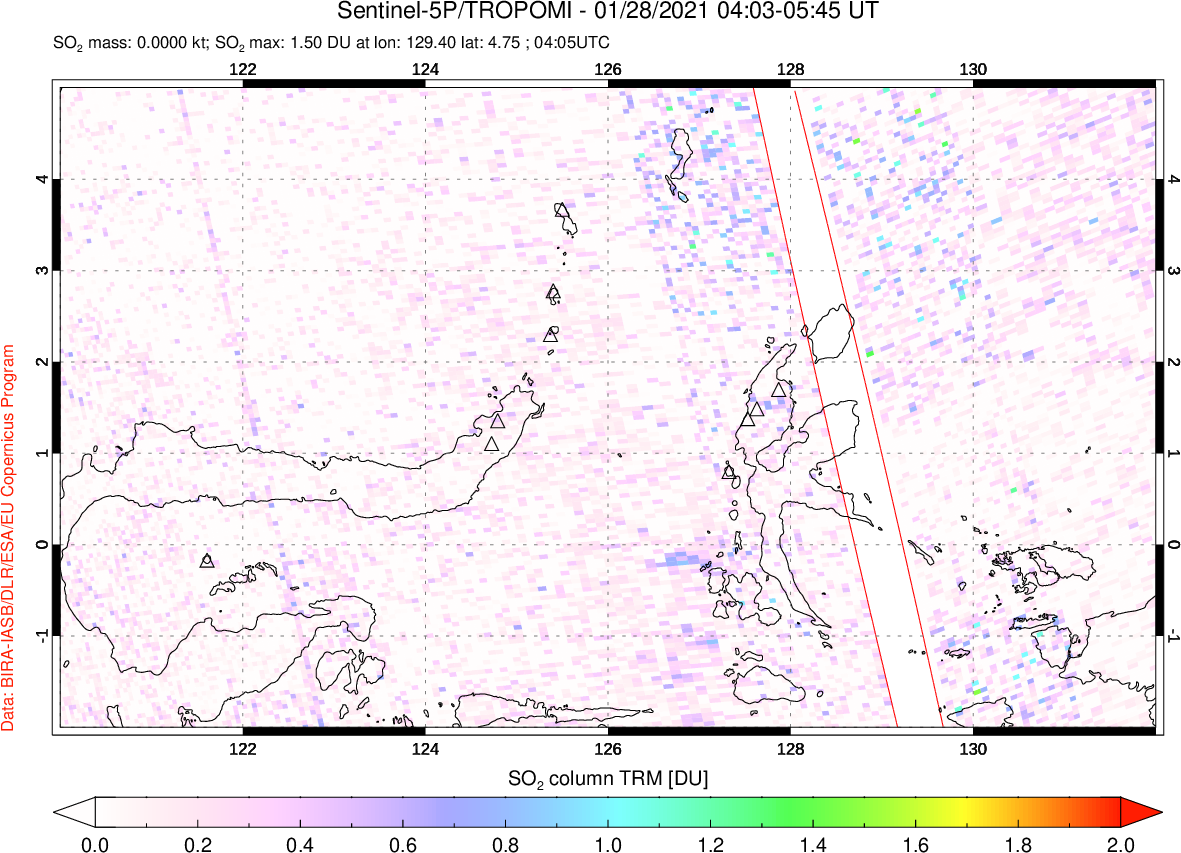 A sulfur dioxide image over Northern Sulawesi & Halmahera, Indonesia on Jan 28, 2021.