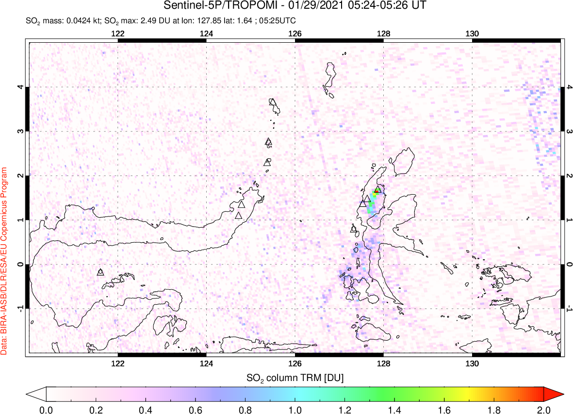 A sulfur dioxide image over Northern Sulawesi & Halmahera, Indonesia on Jan 29, 2021.