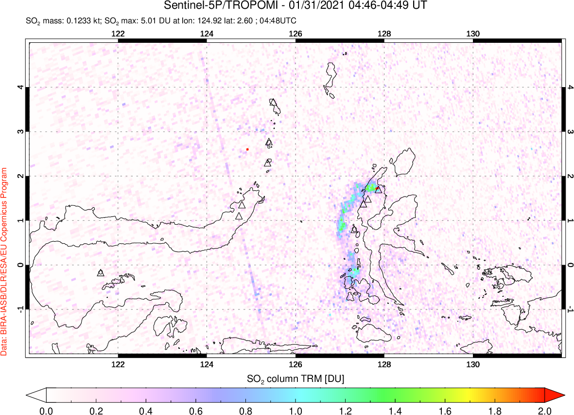 A sulfur dioxide image over Northern Sulawesi & Halmahera, Indonesia on Jan 31, 2021.