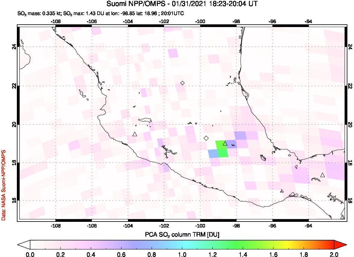 A sulfur dioxide image over Mexico on Jan 31, 2021.