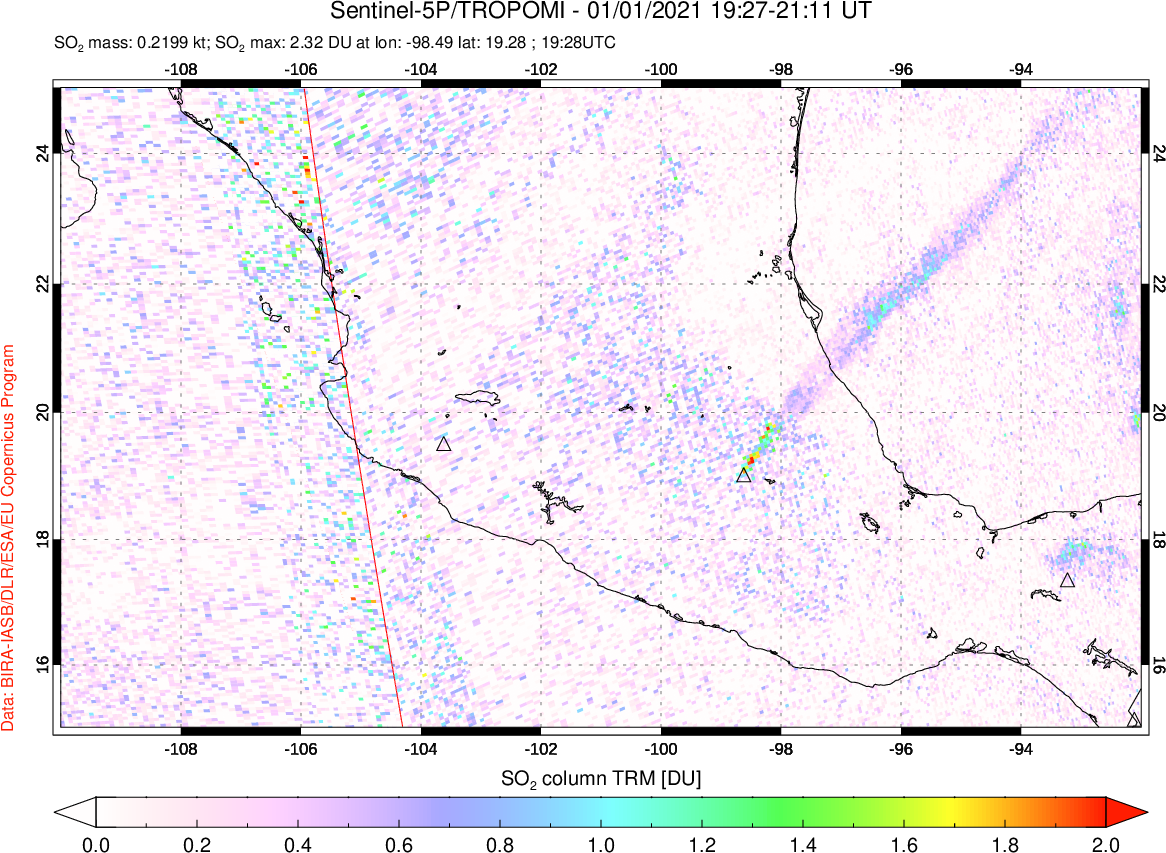A sulfur dioxide image over Mexico on Jan 01, 2021.