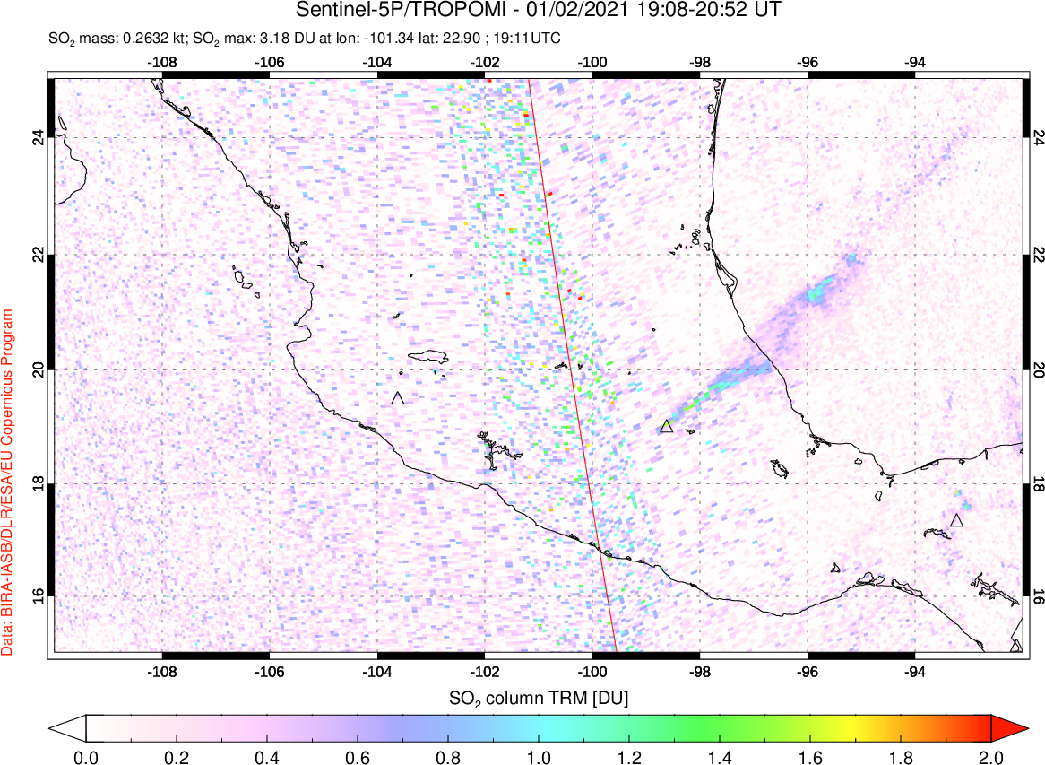 A sulfur dioxide image over Mexico on Jan 02, 2021.