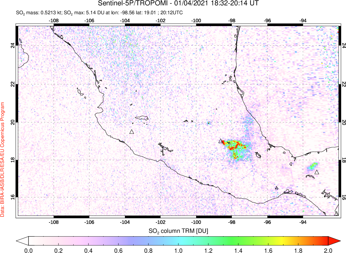 A sulfur dioxide image over Mexico on Jan 04, 2021.