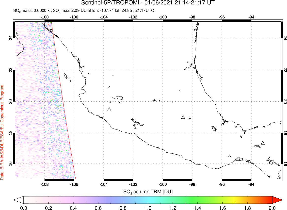 A sulfur dioxide image over Mexico on Jan 06, 2021.