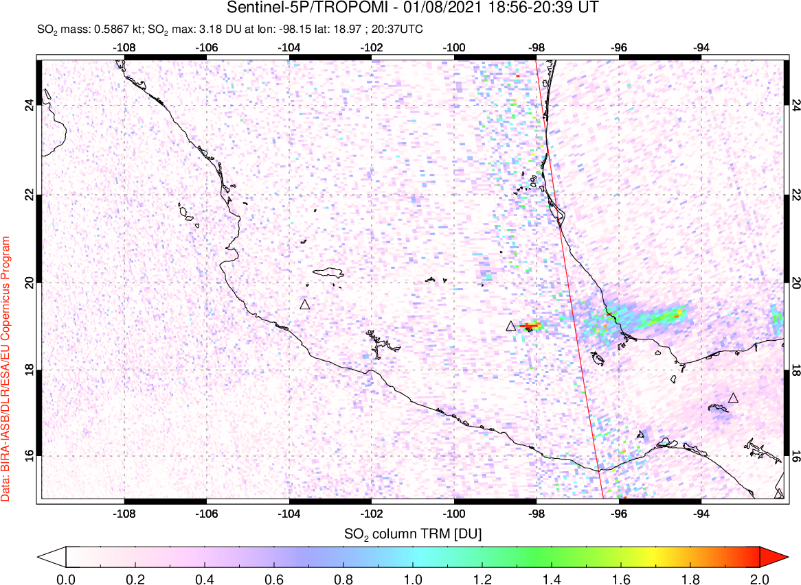 A sulfur dioxide image over Mexico on Jan 08, 2021.