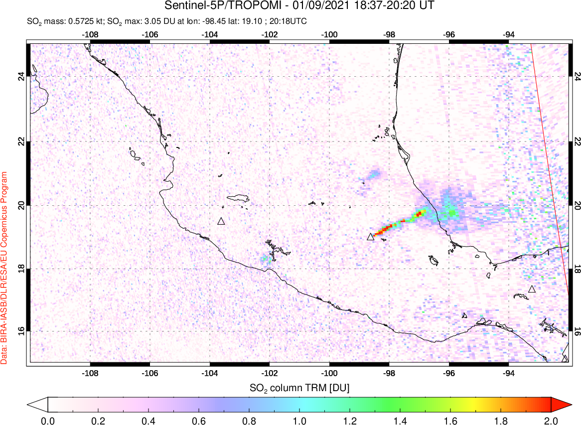 A sulfur dioxide image over Mexico on Jan 09, 2021.