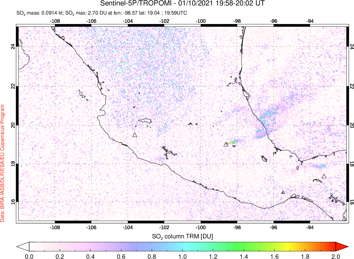 A sulfur dioxide image over Mexico on Jan 10, 2021.